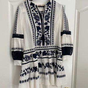 Women’s White and Navy Embroidered Peasant Dress